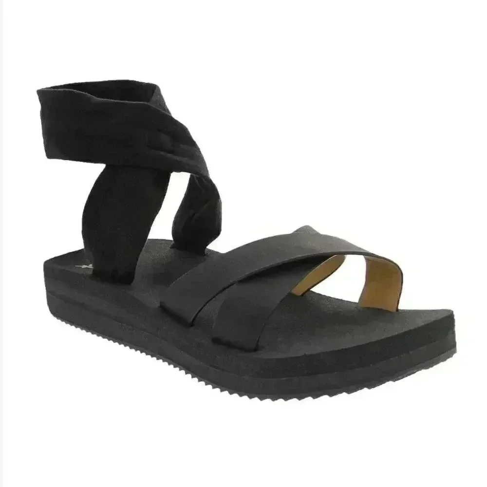 Sanuk Highland Sling ST Soft Top Womens 9 Black Platform Sandals Slip On NEW